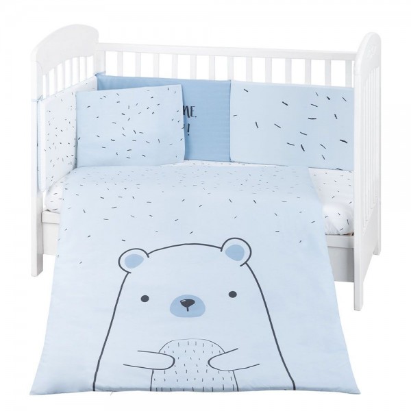 Бебешко спално бельо от памук ранфорс Bear with me с обиколник, 6 части – 70x140 см, Blue
