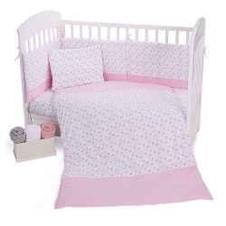 Бебешко спално бельо от памучно трико с олекотена завивка Pink Flowers, 5 части – 60х120 см