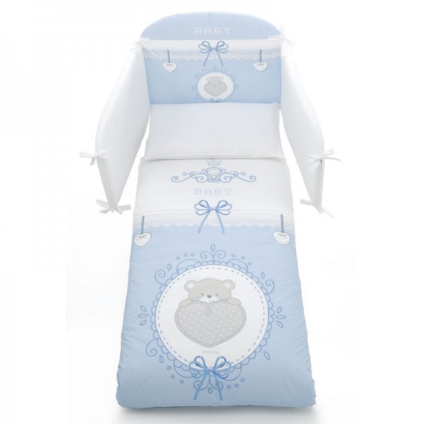 Луксозно бебешко спално бельо с тристранен обиколник от памук, 4 части – Light Blue